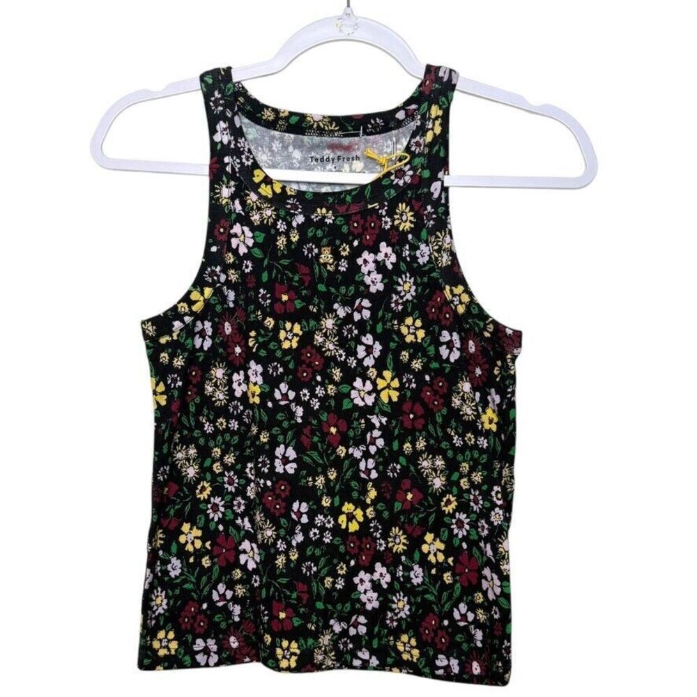 Teddy Fresh Tank Top Women S Black Multicolor Floral Bear Patch Cotton‎ NWT